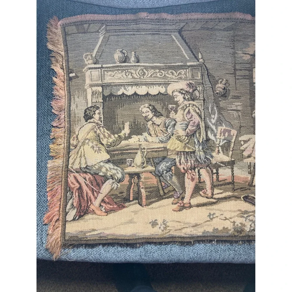 Vtg Woven Tapestry Table Runner Figural‎ Tavern Dance French Belgian Style 36